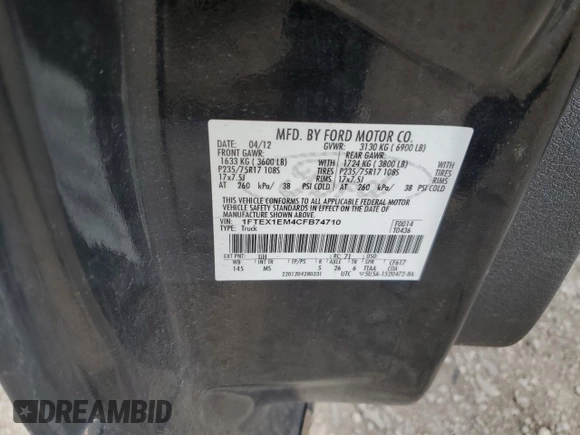 2012 Ford F-150 XL with VIN 1FTEX1EM4CFB74710, listed as a Copart auction lot 53323455 with Not Provided miles and Salvage Title. Bid and sale history available at DreamBid. Image 14.