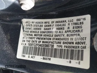 2016 Honda Civic Sedan LX with VIN 19XFC2F54GE080730, listed as a IAAI auction lot 41741400 with 172,987 mi miles. Bid and sale history available at carsss.com. Image 9.
