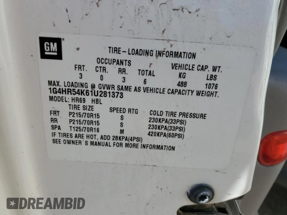 2001 Buick LeSabre Limited with VIN 1G4HR54K61U281373, listed as a Copart auction lot 52383175 with 144,773 mi miles and Salvage title. Bid and sale history available at DreamBid. Image 12.