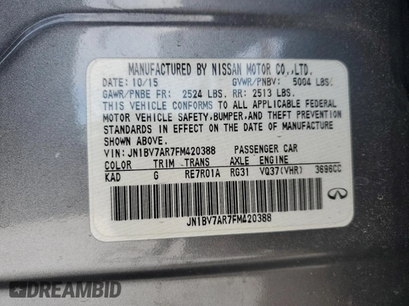 2015 Infiniti Q50 with VIN JN1BV7AR7FM420388, listed as a Copart auction lot 45231595 with 90,259 mi miles and Salvage Title. Bid and sale history available at DreamBid. Image 14.