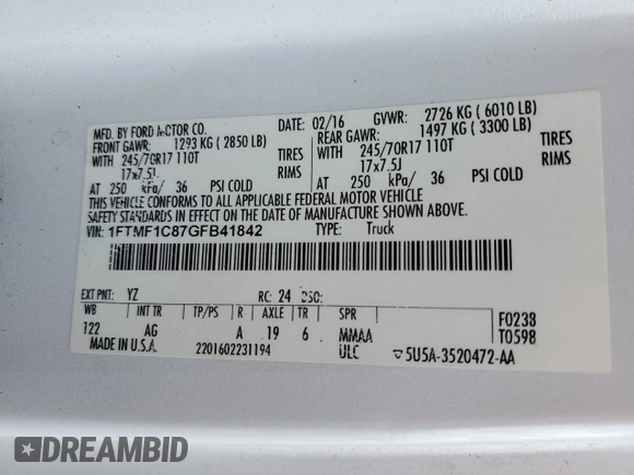 2016 Ford F-150 XL with VIN 1FTMF1C87GFB41842, listed as a Copart auction lot 54985305 with 167,936 mi miles and Clean Title. Bid and sale history available at DreamBid. Image 12.
