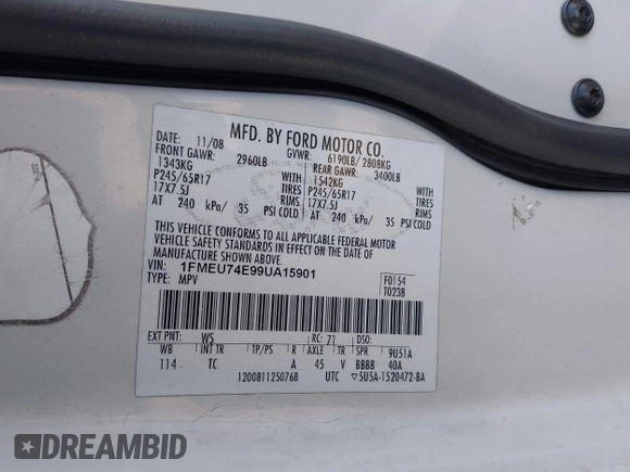 2009 Ford Explorer Eddie Bauer with VIN 1FMEU74E99UA15901, listed as a IAAI auction lot 41089867 with 230,965 mi miles and . Bid and sale history available at DreamBid. Image 9.