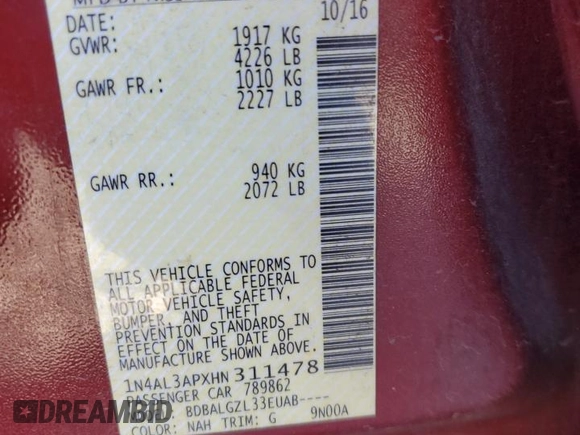 2017 Nissan Altima SR with VIN 1N4AL3APXHN311478, listed as a Copart auction lot 50553625 with 164,954 mi miles and Salvage Title. Bid and sale history available at DreamBid. Image 12.