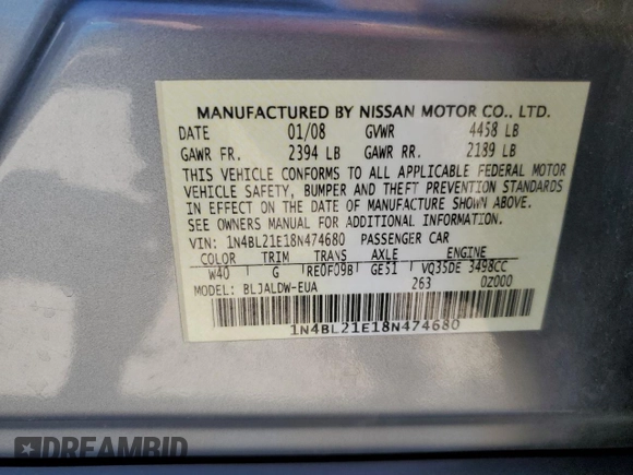 2008 Nissan Altima 3.5 SE with VIN 1N4BL21E18N474680, listed as a Copart auction lot 52615095 with 132,761 mi miles and Salvage Title. Bid and sale history available at carsss.com. Image 14.