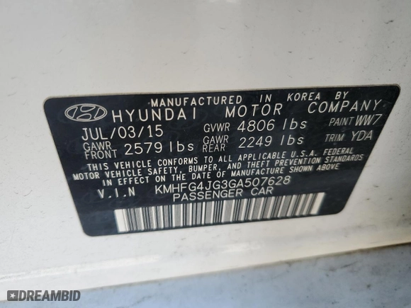 2016 Hyundai Azera with VIN KMHFG4JG3GA507628, listed as a Copart auction lot 50643975 with 108,458 mi miles and Salvage Title. Bid and sale history available at carsss.com. Image 14.