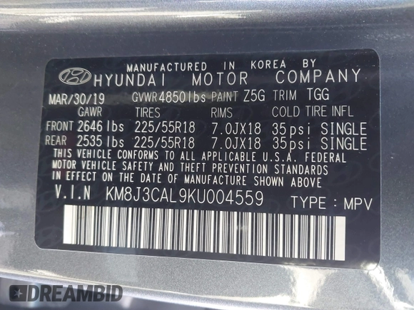 2019 Hyundai Tucson Ultimate with VIN KM8J3CAL9KU004559, listed as a IAAI auction lot 41142923 with 95,396 mi miles. Bid and sale history available at carsss.com. Image 9.