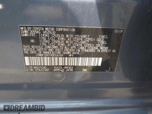 2009 Toyota RAV4 with VIN JTMBF33V19D016164, listed as a IAAI auction lot 42235012 with 286,462 mi miles and . Bid and sale history available at DreamBid. Image 9.