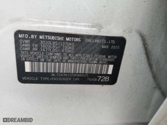 2015 Mitsubishi Mirage DE with VIN ML32A3HJ1FH046423, listed as a Copart auction lot 51739975 with 112,287 mi miles and Salvage Title. Bid and sale history available at carsss.com. Image 14.