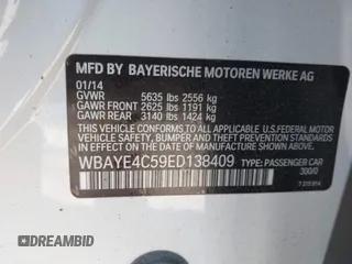 2014 BMW 7 Series 740Li with VIN WBAYE4C59ED138409, listed as a IAAI auction lot 41785423 with 121,687 mi miles. Bid and sale history available at carsss.com. Image 9.