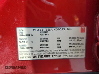 2014 Tesla Model S 60 with VIN 5YJSA1H1XEFP31861, listed as a Copart auction lot 65275815 with Not provided miles and Clean title. Bid and sale history available at DreamBid. Image 13.