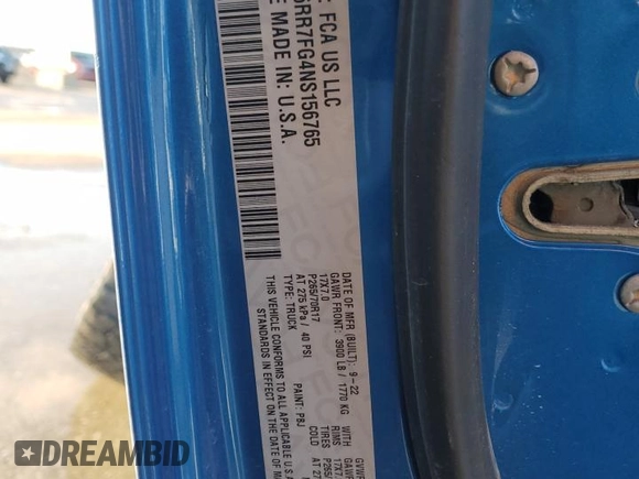 2022 Ram 1500 Tradesman with VIN 1C6RR7FG4NS156765, listed as a Copart auction lot 47787415 with 63,099 mi miles and Salvage title. Bid and sale history available at DreamBid. Image 13.
