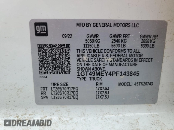 2023 GMC Sierra 2500HD SLE z VIN 1GT49MEY4PF143845, wystawiony jako Copart lot #48403215 z przebiegiem 47 843 mil mil oraz Szkoda całkowita • Salvage title. Historia ofert i sprzedaży dostępna na DreamBid. Obrazek 12.