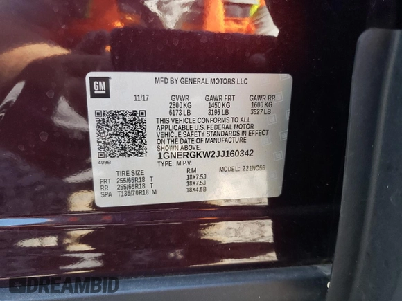 2018 Chevrolet Traverse LT Cloth with VIN 1GNERGKW2JJ160342, listed as a Copart auction lot 70833964 with 53,659 mi miles and Salvage Title. Bid and sale history available at carsss.com. Image 14.
