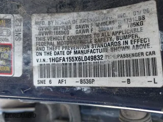 2006 Honda Civic Sdn LX with VIN 1HGFA155X6L049832, listed as a IAAI auction lot 41767816 with NaN miles. Bid and sale history available at carsss.com. Image 9.