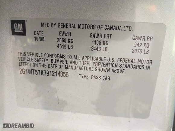 2009 Chevrolet Impala 3.5L LT with VIN 2G1WT57K791214855, listed as a IAAI auction lot 41767381 with NaN miles. Bid and sale history available at carsss.com. Image 9.