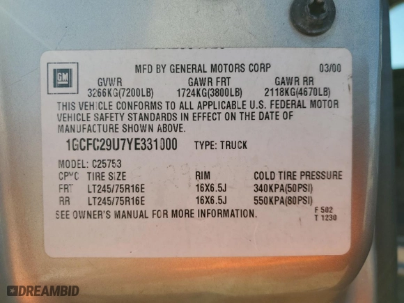 2000 Chevrolet Silverado 2500 LS with VIN 1GCFC29U7YE331000, listed as a Copart auction lot 47569685 with 350,282 mi miles and Salvage Title. Bid and sale history available at carsss.com. Image 14.