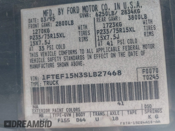 1995 Ford F-150 with VIN 1FTEF15N3SLB27468, listed as a IAAI auction lot 41848685 with 163,044 mi miles. Bid and sale history available at carsss.com. Image 9.