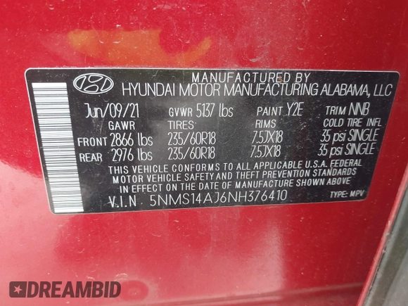 2022 Hyundai Santa Fe SE with VIN 5NMS14AJ6NH376410, listed as a IAAI auction lot 42005742 with 46,414 mi miles and . Bid and sale history available at DreamBid. Image 9.