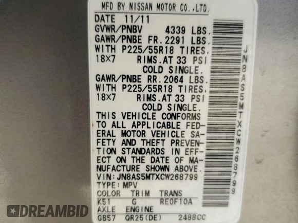 2012 Nissan Rogue S with VIN JN8AS5MTXCW268799, listed as a Copart auction lot 46855035 with 112,344 mi miles and Salvage Title. Bid and sale history available at carsss.com. Image 14.