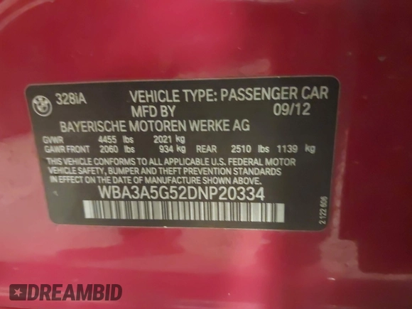 2013 BMW 3 Series 328i with VIN WBA3A5G52DNP20334, listed as a IAAI auction lot 41270322 with 175,638 mi miles and . Bid and sale history available at DreamBid. Image 9.