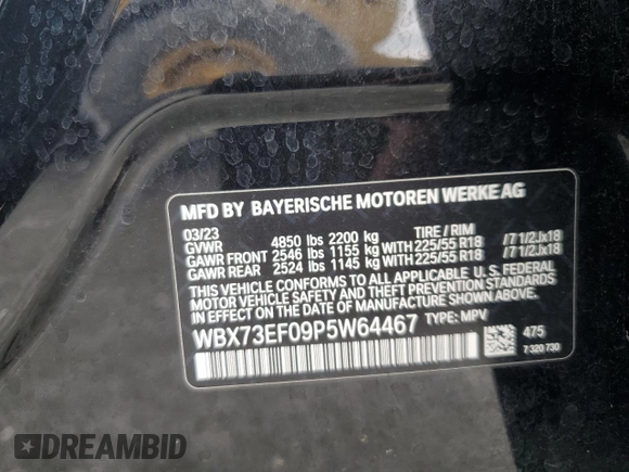 2023 BMW X1 xDrive28i with VIN WBX73EF09P5W64467, listed as a Copart auction lot 58586875 with 29,022 mi miles and Salvage title. Bid and sale history available at DreamBid. Image 13.