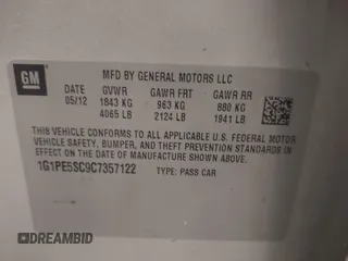 2012 Chevrolet Cruze 1FL with VIN 1G1PE5SC9C7357122, listed as a IAAI auction lot 42167053 with 207,398 mi miles and . Bid and sale history available at DreamBid. Image 9.