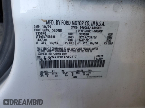 2000 Ford F-350 XL with VIN 1FTSW31F8YEA82117, listed as a Copart auction lot 82800154 with 236,161 mi miles and Salvage Title. Bid and sale history available at DreamBid. Image 12.