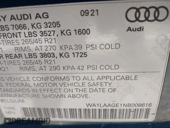 2022 Audi e-tron Premium Plus with VIN WA1LAAGE1NB008616, listed as a IAAI auction lot 42723244 with 36,800 mi miles and . Bid and sale history available at DreamBid. Image 9.