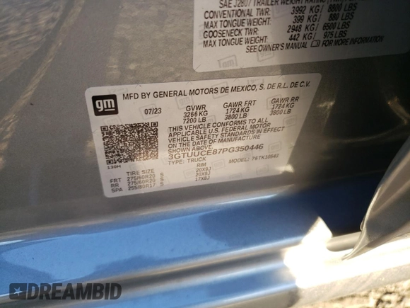 2023 GMC Sierra 1500 Elevation z VIN 3GTUUCE87PG350446, wystawiony jako Copart lot #75232334 z przebiegiem 9 070 mil mil oraz Szkoda całkowita • Salvage title. Historia ofert i sprzedaży dostępna na DreamBid. Obrazek 12.