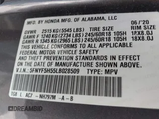 2020 Honda Pilot EX-L z VIN 5FNYF5H55LB028509, wystawiony jako IAAI lot #41945843 z przebiegiem Nie podano mil oraz . Historia ofert i sprzedaży dostępna na DreamBid. Obrazek 9.