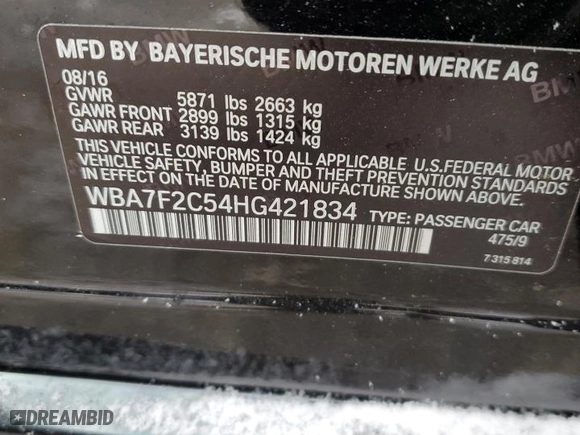 2017 BMW 7 Series ALPINA B7 xDrive with VIN WBA7F2C54HG421834, listed as a Copart auction lot 87898015 with 70,871 mi miles and Salvage Title. Bid and sale history available at carsss.com. Image 12.