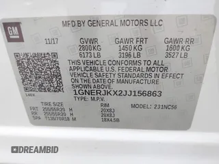 2018 Chevrolet Traverse RS with VIN 1GNERJKX2JJ156863, listed as a IAAI auction lot 38521232 with 72,514 mi miles. Bid and sale history available at carsss.com. Image 9.