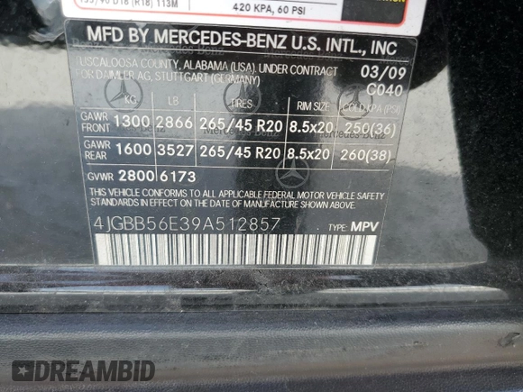 2009 Mercedes-Benz M 3.5L with VIN 4JGBB56E39A512857, listed as a Copart auction lot 89319305 with 192,478 mi miles and Salvage Title. Bid and sale history available at carsss.com. Image 15.