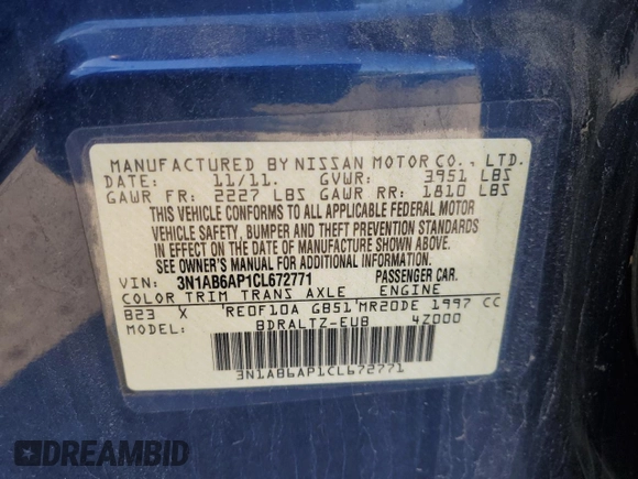 2012 Nissan Sentra SR with VIN 3N1AB6AP1CL672771, listed as a Copart auction lot 54797355 with 135,932 mi miles and Clean Title. Bid and sale history available at DreamBid. Image 12.