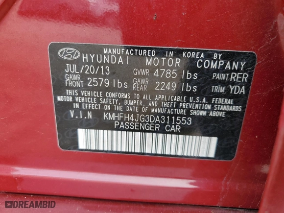 2013 Hyundai Azera with VIN KMHFH4JG3DA311553, listed as a Copart auction lot 70242604 with 0 mi miles and Salvage Title. Bid and sale history available at carsss.com. Image 14.