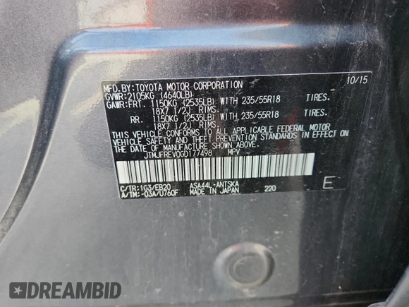 2016 Toyota RAV4 SE z VIN JTMJFREV0GD177498, wystawiony jako Copart lot #60571225 z przebiegiem 88 396 mil mil oraz Szkoda całkowita • Salvage title. Historia ofert i sprzedaży dostępna na DreamBid. Obrazek 13.