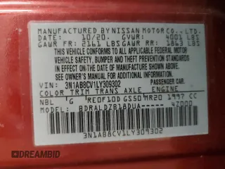 2020 Nissan Sentra SV with VIN 3N1AB8CV1LY309302, listed as a Copart auction lot 49122345 with Not Provided miles and Salvage Title. Bid and sale history available at DreamBid. Image 12.