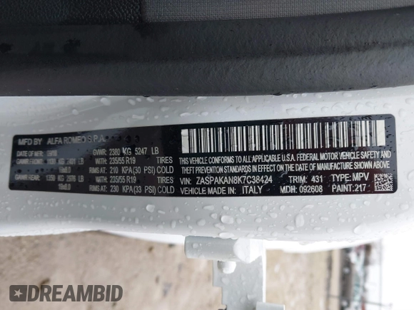 2019 Alfa Romeo Stelvio z VIN ZASPAKAN8K7C38424, wystawiony jako IAAI lot #41476001 z przebiegiem Nie podano mil oraz . Historia ofert i sprzedaży dostępna na DreamBid. Obrazek 9.