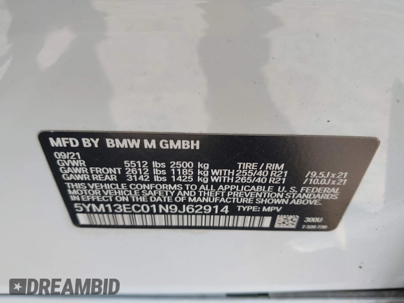 2022 BMW X3 M with VIN 5YM13EC01N9J62914, listed as a IAAI auction lot 42064632 with 13,421 mi miles. Bid and sale history available at carsss.com. Image 9.