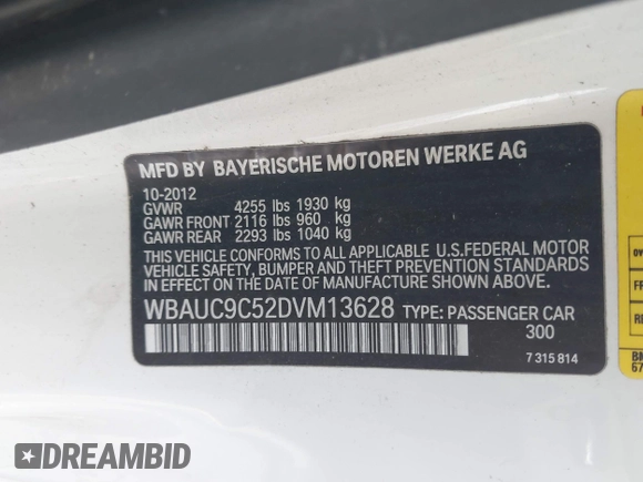 2013 BMW 1 Series 135i with VIN WBAUC9C52DVM13628, listed as a IAAI auction lot 41901475 with 113,598 mi miles and . Bid and sale history available at DreamBid. Image 9.