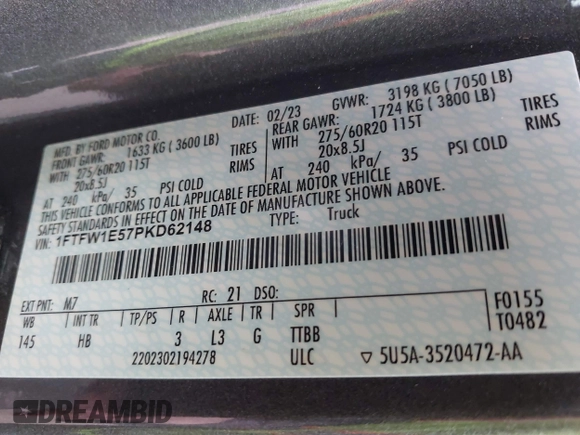 2023 Ford F-150 XL with VIN 1FTFW1E57PKD62148, listed as a IAAI auction lot 41366796 with 11,746 mi miles and . Bid and sale history available at DreamBid. Image 9.