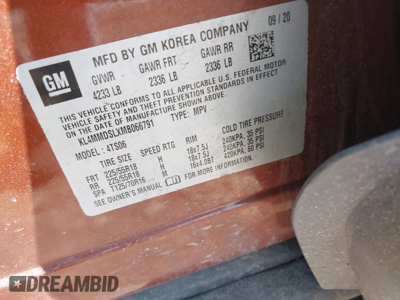 2021 Buick Encore GX Select with VIN KL4MMDSLXMB066791, listed as a IAAI auction lot 41966415 with 40,146 mi miles and . Bid and sale history available at DreamBid. Image 9.