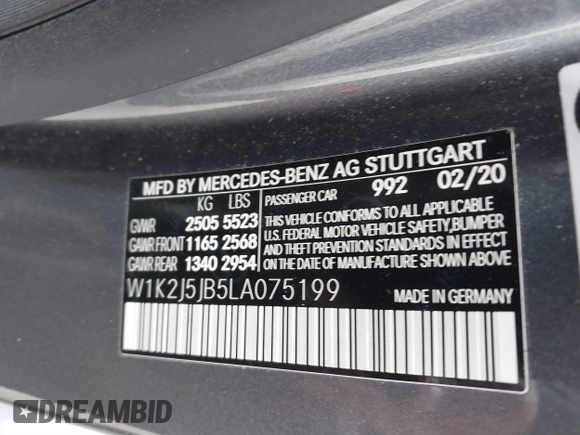 2020 Mercedes-Benz CLS with VIN W1K2J5JB5LA075199, listed as a IAAI auction lot 41243163 with 20,947 mi miles. Bid and sale history available at carsss.com. Image 9.