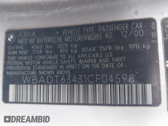 2001 BMW 5 Series 530iA with VIN WBADT63431CF04598, listed as a IAAI auction lot 41449729 with 1 mi miles. Bid and sale history available at carsss.com. Image 9.