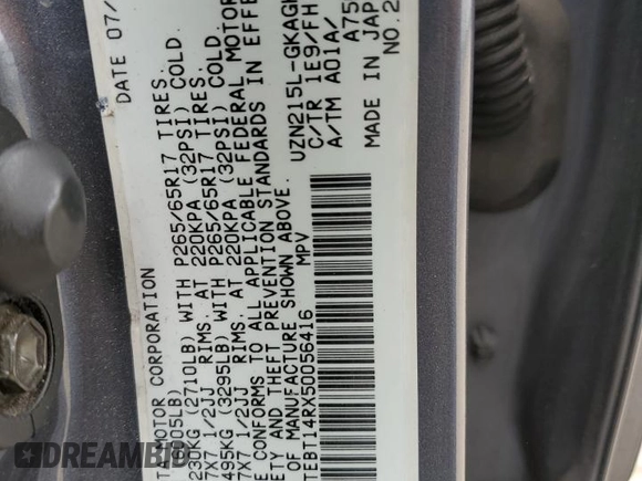 2005 Toyota 4Runner SR5 with VIN JTEBT14RX50056416, listed as a Copart auction lot 54398755 with 263,666 mi miles and Clean Title. Bid and sale history available at DreamBid. Image 13.