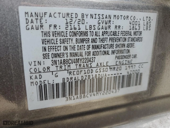 2021 Nissan Sentra SV with VIN 3N1AB8CV4MY220437, listed as a Copart auction lot 49810735 with 57,683 mi miles and Salvage Title. Bid and sale history available at carsss.com. Image 13.