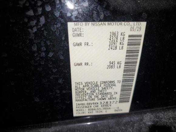 2019 Nissan Altima 2.5 S with VIN 1N4BL4BV4KN328372, listed as a Copart auction lot 45652515 with 175,090 mi miles and Non Repairable. Bid and sale history available at carsss.com. Image 14.