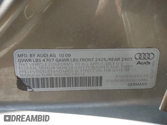 2010 Audi A4 Premium с VIN WAUAFAFL4AN026984, выставлен на аукционе IAAI как лот 41995634 с пробегом 121 440 миль миль и . История ставок и продаж доступна на DreamBid. Изображение 9.