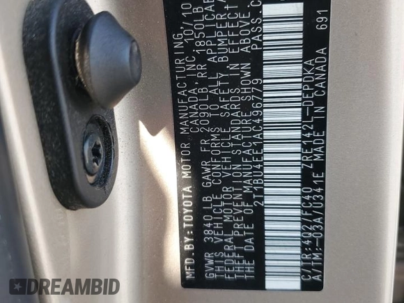 2010 Toyota Corolla with VIN 2T1BU4EE1AC496779, listed as a Copart auction lot 62854035 with 158,502 mi miles and Salvage title. Bid and sale history available at DreamBid. Image 12.