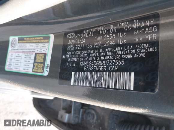 2024 Hyundai Elantra SEL with VIN KMHLS4DG8RU727555, listed as a IAAI auction lot 41561362 with 23,796 mi miles. Bid and sale history available at carsss.com. Image 9.